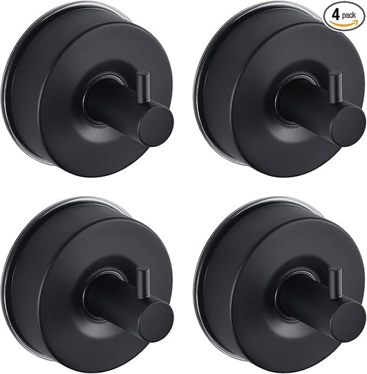 JOMOLA Stainless Steel Bathroom Suction Hooks - No Drill Adhesive-Free Wall Mount for Shower, Towel & Robe, Rustproof Metal Hardware with Damage-Free Grip, Matte Black (4-Pack)
