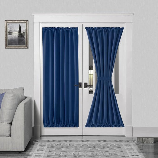 DWCN French Door Curtains – Rod Pocket Thermal Blackout Curtain for Doors with Glass Window, Kitchen and Patio Doors for Privacy, 54 X 72 Inches Long, 1 Curtain Panel with Tieback, Classic Blue
