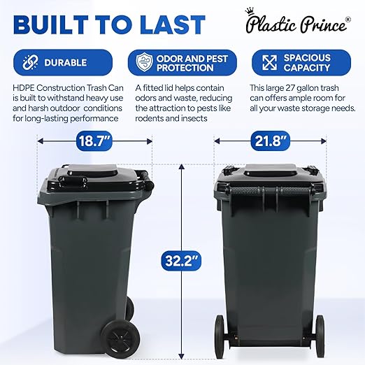 27 Gallon Outdoor Trash Can with Lid and Wheels Small Outdoor Garbage Can with Wheels Outside Heavy-Duty Rolling Trash Bin for Home Office Commercial Use, Gray