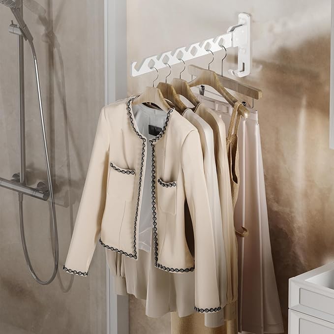Dr.DJ Wall Mount Coat Hanger Holder White Clothes Drying Organizer Rack Garment Hooks Aluminium Retractable Folding Indoor Wall Mounted Hanger Space Saver for Laundry Room Bedroom White 2Pack