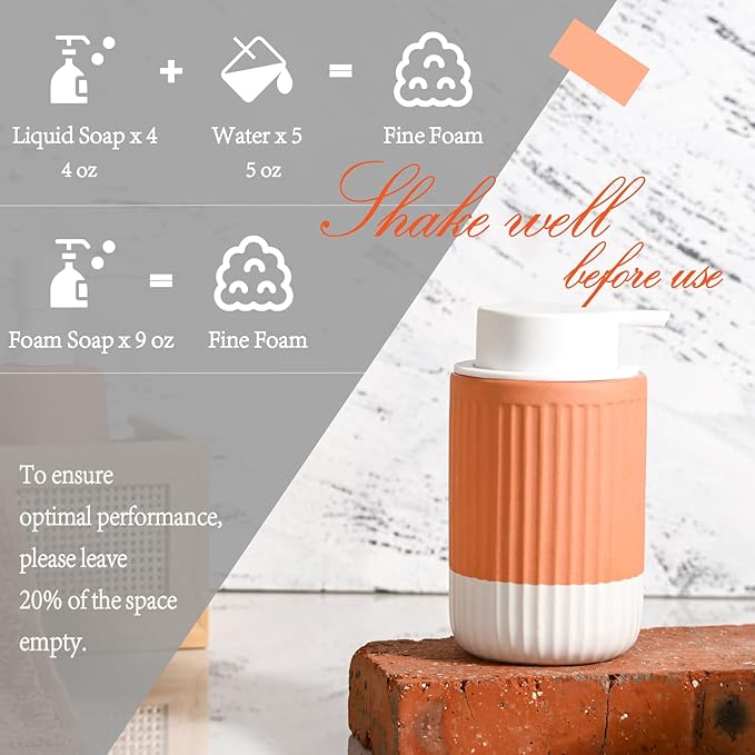 2 Pack Hand Dipped Terracotta Ceramic Foam Soap Dispenser, 12 oz Rippled Bubble-Up Bottle with White Silicone Pump, Refillable Orange Hand Soap Dispenser for Bathroom