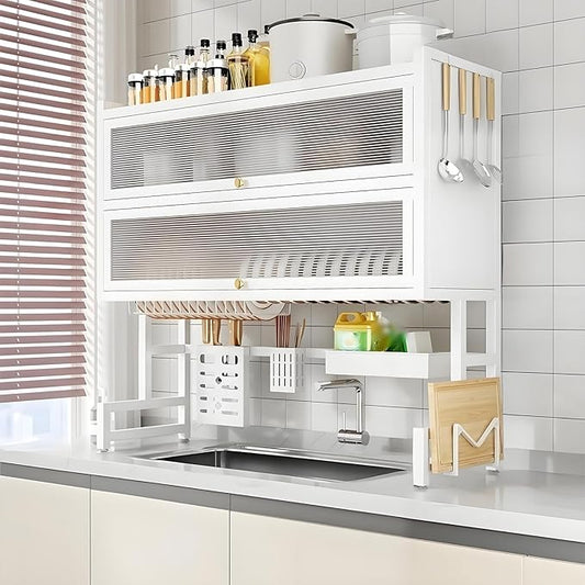 Dish Drying Rack 4 Tiers with Cover, Keep Kitchen Sink Shlef Organized Space-Saving, Large Drying Rack for Dishes, Glasses, Bowls, Cutlery white W-29.5in