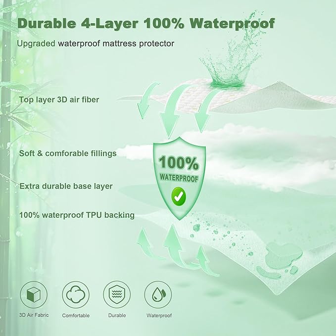 Waterproof Mattress Protector, Queen Size Mattress Pad Fitted 6"-18" Deep Pocket, 3D Air Fabric Breathable Bed Mattress Cover Noiseless Washable for Home, Bedroom, Hotel