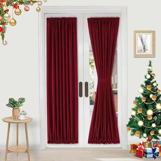 DWCN French Door Curtains – Rod Pocket Thermal Blackout Curtain for Doors with Glass Window, Christmas, Kitchen and Patio Doors for Privacy, 25 X 72 Inches, 1 Curtain Panel with Tieback, Burgundy