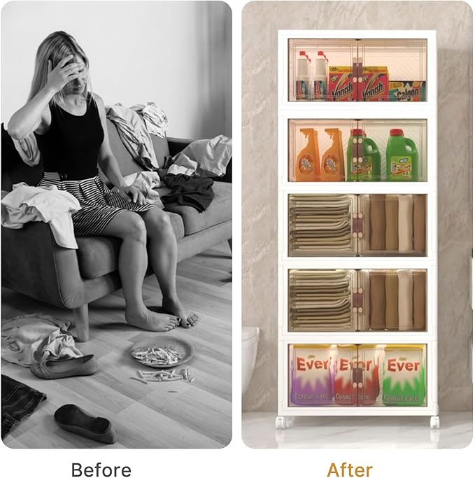 Extra Large Stackable Storage Bins with Lids & Wheels & Door, 336QT-112QT/28GAL*3Pack Foldable Collapsible Closet Organizers, Plastic containers drawers for bedroom Dorm