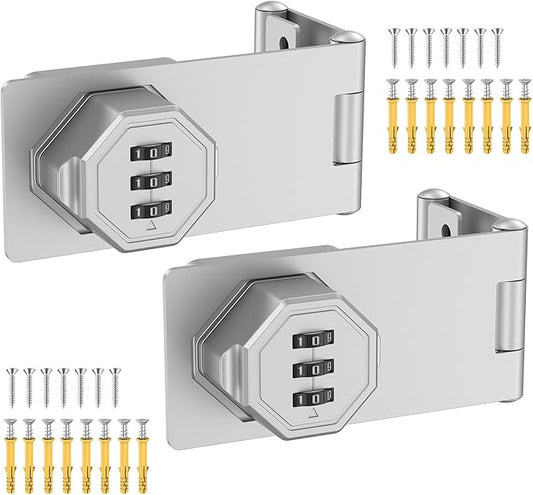 90 Degree 3-Digit Combination Cabinet Lock, Zinc Alloy Keyless Folding Hasp Lock Latch, Password Security Rotary Door Latch for Office File Cabinet, Drawer, Locker, Cupboard (2, Silver)