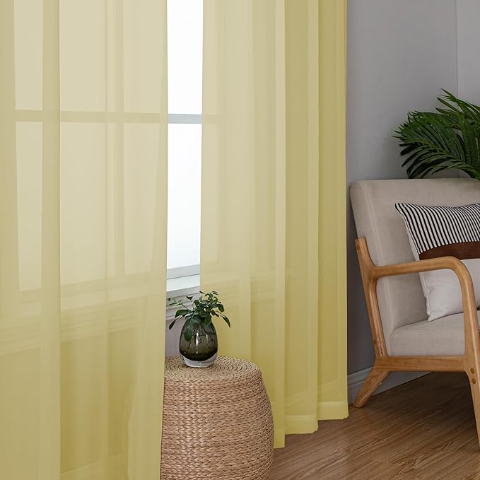 Chyhomenyc Yellow Sheer Curtains 78 Inches Long 2 Panels Set for Living Room, Light Filtering Voile Lightweight Bedroom Curtains, Rod Pocket Solid Window Treatment Drapes, Each 42W x 78L