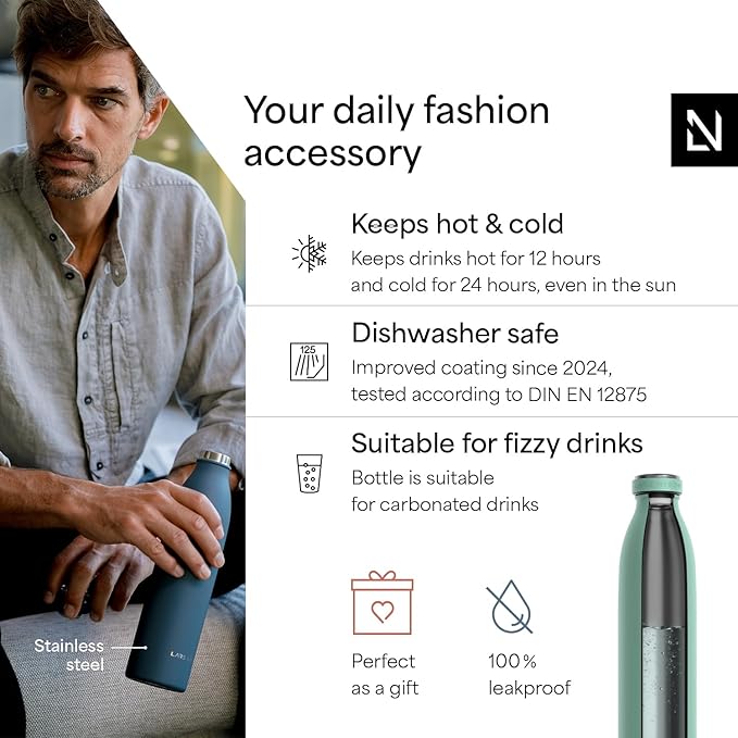 LARS NYSØM Stainless Steel Insulated Water Bottle 12oz 17oz 25oz 34oz 51oz | Insulated Thermo Flask for Hot and Cold Beverages | Leakproof Drinking Bottle (Aqua Turquoise, 25.4 oz)