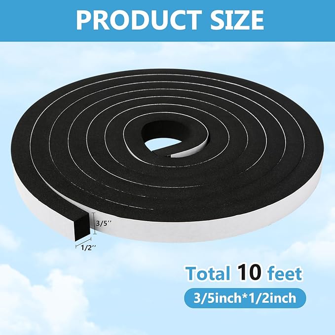Weather Stripping Door Seal Strip (3/5 Inch X 1/2 Inch X 10Feet), Strong Adhesive, Lightproof, Soundproof, Weatherproof Foam Tape Insulation for Sliding Door, Front Door Frame, Windows- Black