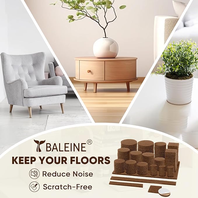BALEINE 300PCS Felt Furniture Pads, Multi-Size Felt Pads for Chair Legs, Tables, Beds, Scratch-Reducing Floor Protectors for Hardwood Floors, Tile, Vinyl, and Laminate (300PCS, Brown)