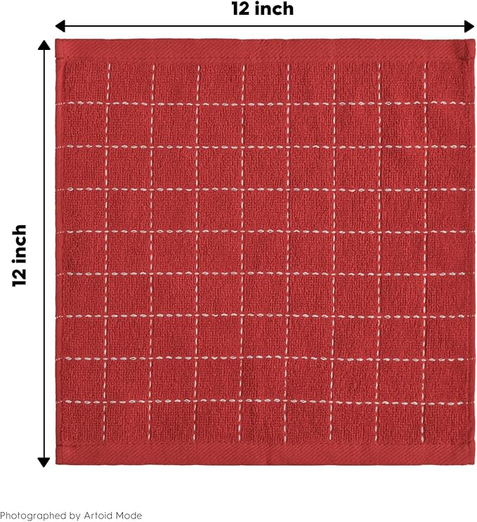 Artoid Mode Checkered Designed Cotton Beige Red Terry Kitchen Dish Cloths, 12x12 Inch Soft Absorbent Quick Drying Cleaning Kitchen Rags Set of 6