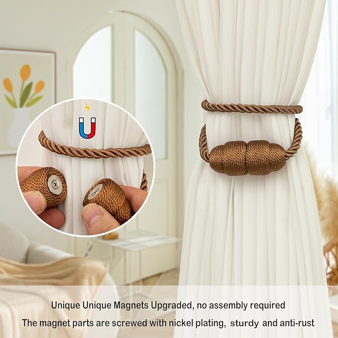 Magnetic Curtain Tiebacks Rope Curtain Tie Backs for Curtains 8 Pack Curtain Holders for Drapes Decorative Window Curtain Holdbacks, Khaki