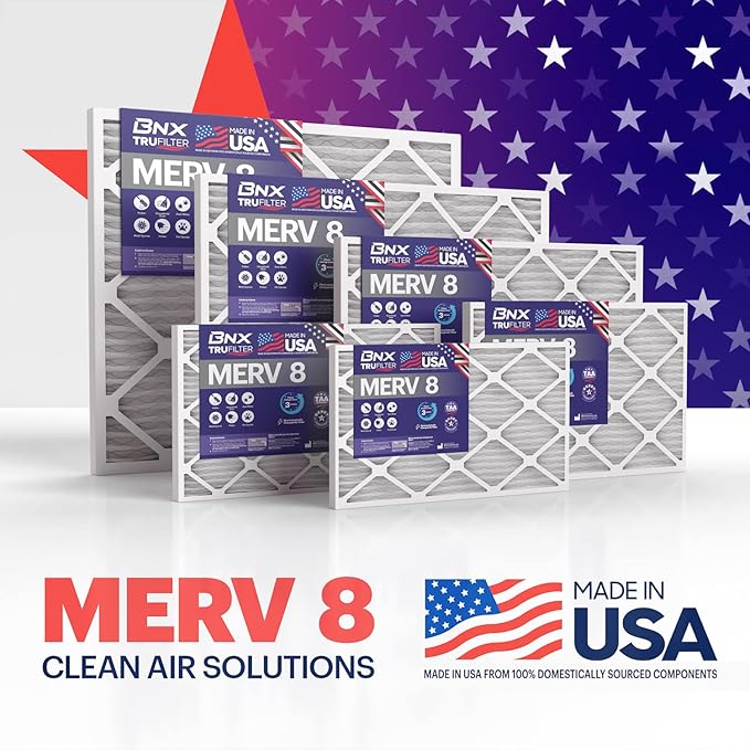 BNX TruFilter 16x20x1 Air Filter MERV 8 (6-Pack) - MADE IN USA – Dust & Pet Defense Electrostatic Pleated Air Conditioner HVAC AC Furnace Filters for Dust, Pet, Mold, Pollen MPR 600 – 700 & FPR 5
