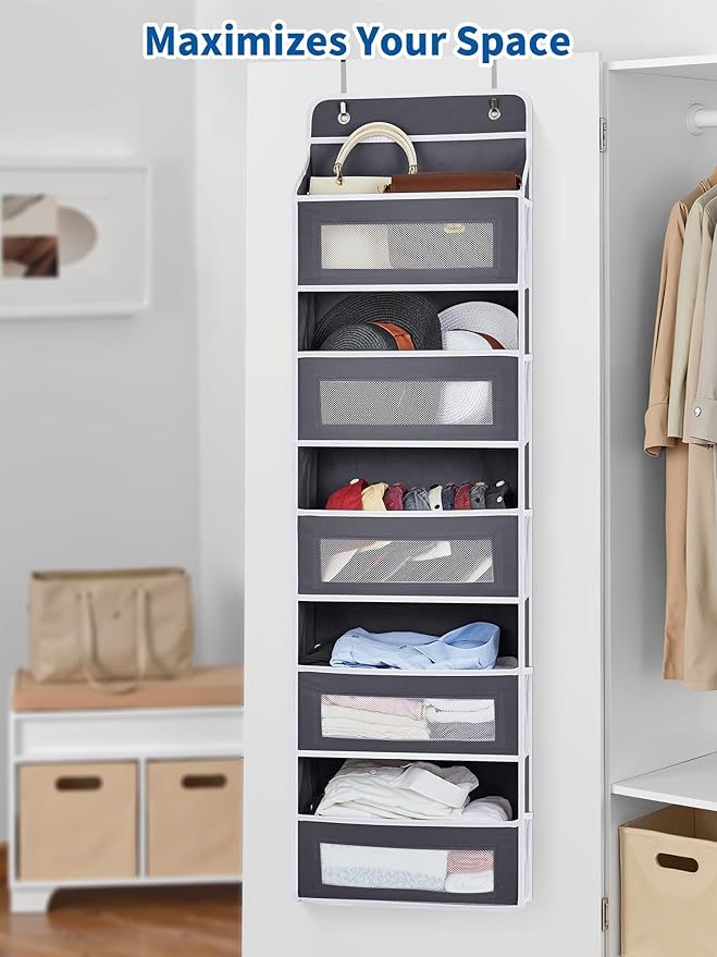 JARLINK 2 Pack Over The Door Organizer, 5 Shelf Door Hanging Organizer with 5 Large Pockets, 44 lbs Weight Capacity Hanging Storage for Bathroom, Bedroom, Nursery, RV, Pantry (Dark Grey)