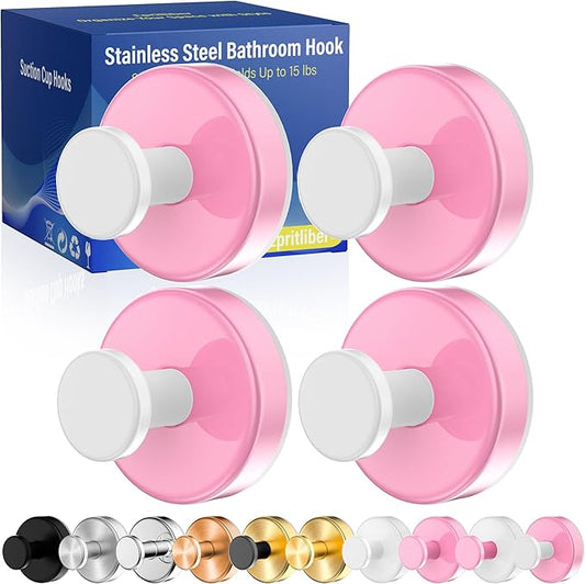 Suction Cup Hooks for Shower,Removable No Drill Towel Hooks,Upgraded 15 lbs Strong Suction hooks for Bathroom Tile,Shower Wall,Glass Door,Kitchen-Loofah,Coat,Stainless Waterproof-Pink White 4 Pcs