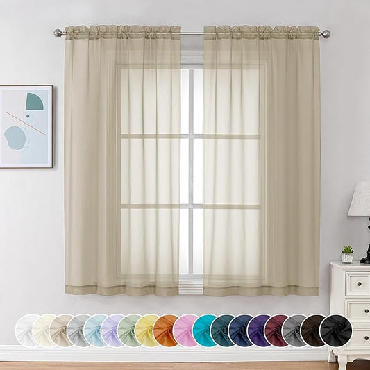 Chyhomenyc Taupe Sheer Curtains 54 Inch Long 2 Panels, Light Filtering Rod Pocket Voile Short Curtains Drapes for Living Room Bedroom Small Windows, 42Wx45L Inches