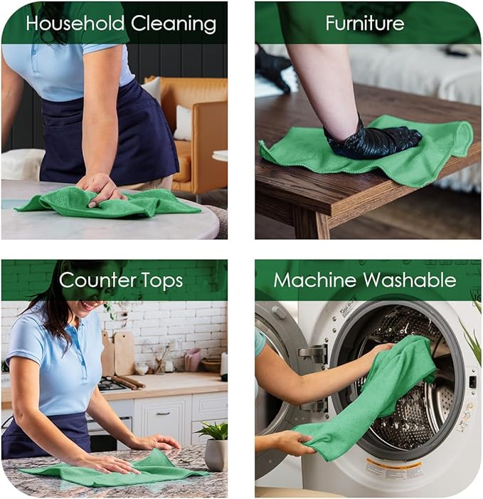 Avalon Towels Microfiber Absorbent Bar Towels, Rags for House Cleaning, Lint Free, Reusable and Washable (Green Value Pack of 48)