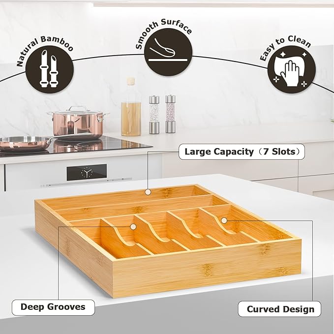 Flatware Organizer Silverware Drawer Organizer - 7 Slots Bamboo Cutlery Tray Multipurpose kitchen Drawer Organizer for Silverware, Utensils, Cutlery, Flatware, Knives W13”x L17” (Yellow)