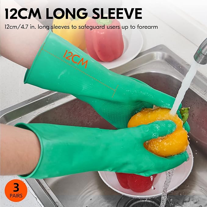 Vgo... 3-Pairs Reusable Household Gloves, Rubber Dishwashing gloves, Extra Thickness, Long Sleeves, Kitchen Cleaning, Working, Painting, Gardening, Pet Care (Size L, Green, HH4601)
