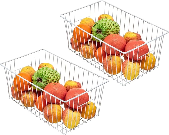 16" L x 12" W Wider Freezer Storage Organizer Baskets Container, Metal Wire Chest Upright Refrigerator Divider Bins with Built-in Handles for Cabinet, Pantry, Closet, Kitchen（3 Pack）