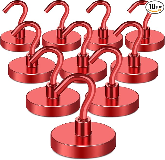 MIKEDE Magnetic Hooks Heavy Duty, 150LB Strong Magnet with Hook for Fridge, Super Neodymium Strength Industrial Hanging, Hanger Toolbox, Cruise, Grill(Red,10 Pack)