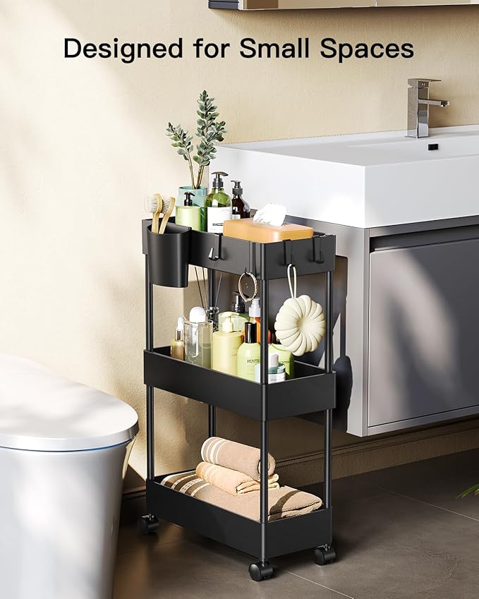 Pipishell Slim Storage Cart with Wheels - 3 Tier Bathroom Organizers and Storage Cart - Rolling Carts for Bathroom, Kitchen, Narrow Space, Laundry Room,Black