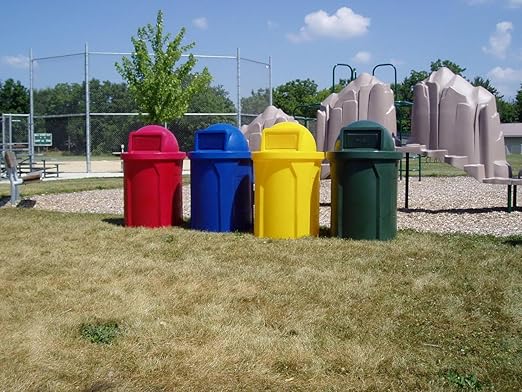 42 Gallon Circle 100% Recycled Plastic Heavy Duty Outdoor Commercial Trash Can with Push Open Dome Lid and Internal Liner | Great for Schools and Businesses - Yellow