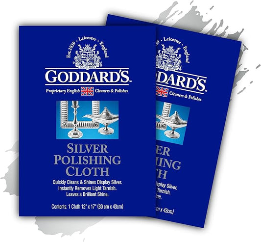 Goddard's Silver Polishing Cloth for Jewelry, Remove Tarnish on Plated or Sterling Silver, Gold, Antiques, and Leaves Tarnish Protection, 2 Cloths