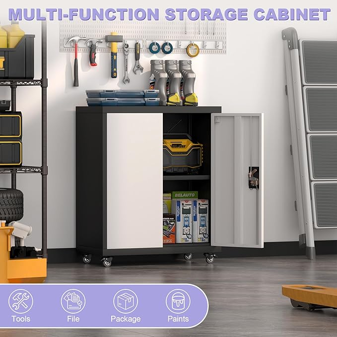 Metal Storage Cabinet with Wheels, Steel Mobile Garage Cabinets with Lockable Door and Adjustable Shelf, Metal Rolling Tool Cabinet, Utility Cabinet for Home, Office, Black+Gray