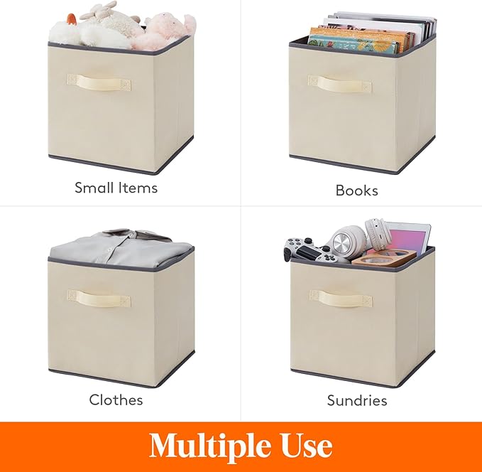 Lifewit Collapsible Fabric Storage Cubes Bins Set 11 Inch, Foldable Cubby Organizers Boxes, 6 Pack Organizing Baskets for Shelf, Closet, Utility Room, Storage Room, 18L Beige