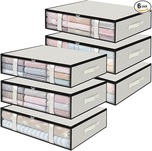 StorageRight Under Bed Storage Bins, 6-Pack 40L Foldable Fabric Storage Bags with Transparent Window, Breathable Organizer for Clothes/Blanket/Comforter/Quilt, White