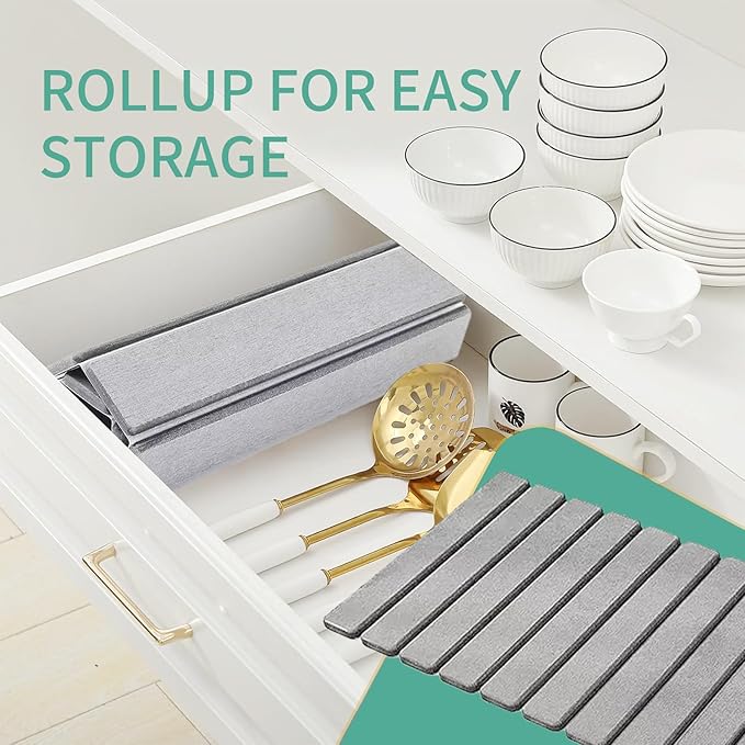Stone Drying Mat for Kitchen Counter, Collapsible Dish Drying Mat, Fast Drying Diatomaceous Earth Dish Drying Mats, Water Absorbent Diatomite Kitchen Mat (grey, medium)