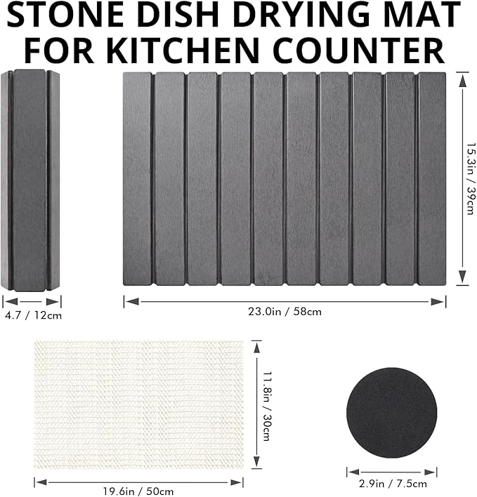 Large Stone Dish Drying Mats for Kitchen Counter, Foldable Quick Drying Mats, Eco-Friendly, diatomaceous earth bath mat, tapete de piedra absorbente para cocina 24" L x 16" W Inches (DARK GREY, LARGE)