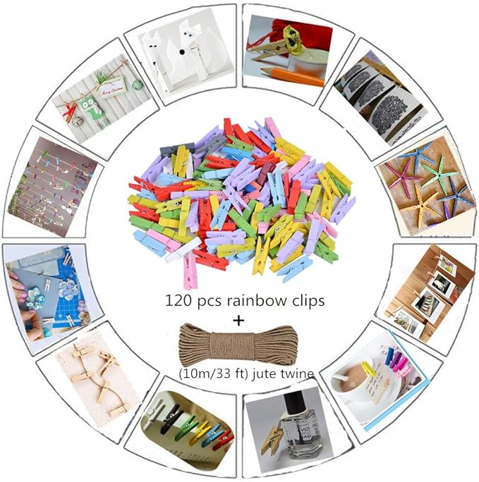 DurReus Small Wooden Clips Pictures Hanger with Twine Mini Colors Clothespins Attach Cards Wedding Party Decor Set of 50 Rose Red
