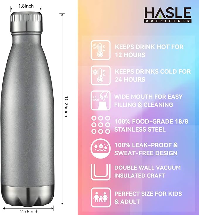 HASLE OUTFITTERS 17oz Stainless Steel Water Bottles Bulk, Vacuum Insulated Water Bottles Double Walled Reusable Metal Sports Water Bottles Keep Drinks Hot and Cold, Gray, 8Packs