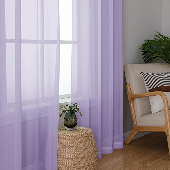 Chyhomenyc Sheer Lilac Curtains 90 inches Long 2 Panels, Light Filtering Soft Airy Solid Elegant Voile Window Treatment Drapes for Bedroom Living Room Wedding Party Decor, 42 Wx90 L Inches