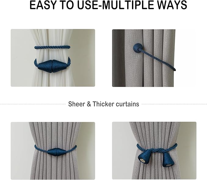 Magnetic Curtain Tiebacks 6 Pack Outdoor Rope Curtain Tie Backs Decorative Window Treatment Holdbacks for Home Decorative Curtain, Blue