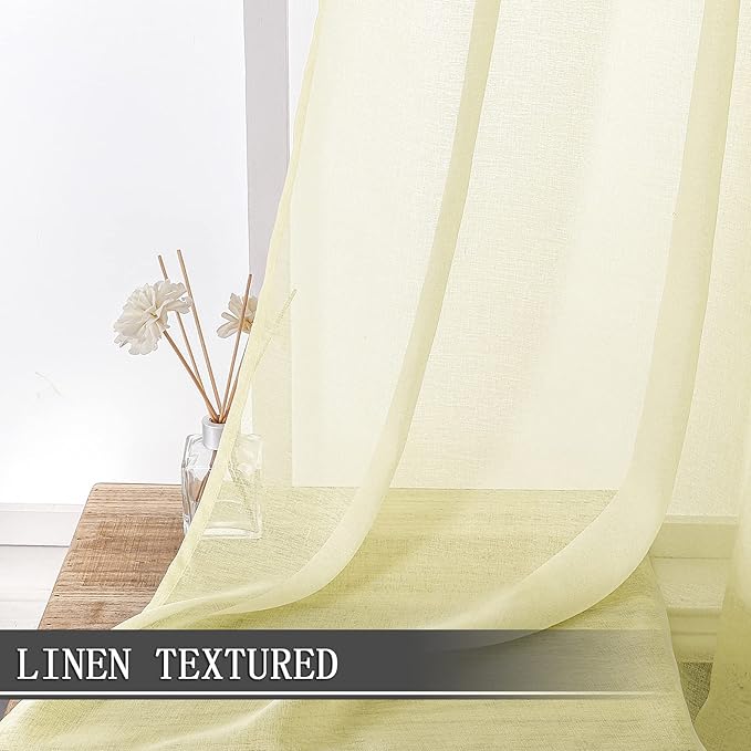 Tollpiz Short Sheer Curtain Living Room Linen Textured Curtains Sheer Light Filtering Voile Rod Pocket Curtain for Bedroom, 38 x 54 inches Long, Transparent Yellow, Set of 2 Panels