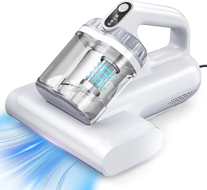 Mattress Vacuum Cleaner, 17Kpa 650W Bed Vacuum Cleaner, 273nm UV-C Light & Ultrasonic 145°F Heating, 80000 RPM/Min Brushroll Rotation, Wide Suction Port for Pillows Cribs Sofa, White Corded