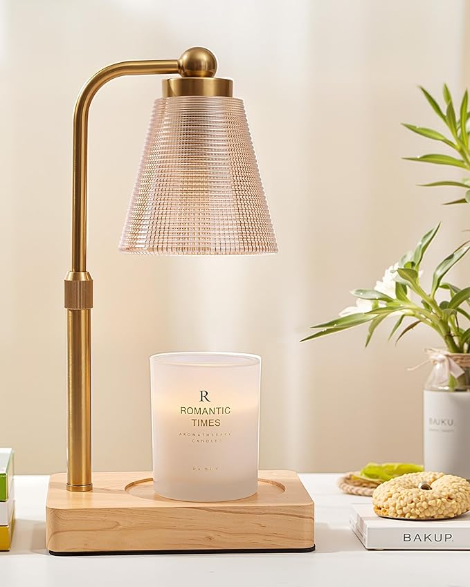 Candle Warmer Lamp - Electric Candle Warmer with Timer, Adjustable Height & Brightness, 2 Replacement Bulbs, 1-Year Warranty - Perfect for Jar Candles, Kitchen, Living Room, Bedroom (Gold)