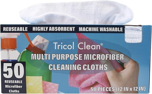 Tricol Clean Profesional Resuable Lint Free Microfiber Edgeless Cleaning Cloth 50PK Cleaning Rags,Absorbent Microfiber Wipes in Dispenser Box for Housekeeping, Car Cleaning (12 * 12 Inches) (white1)