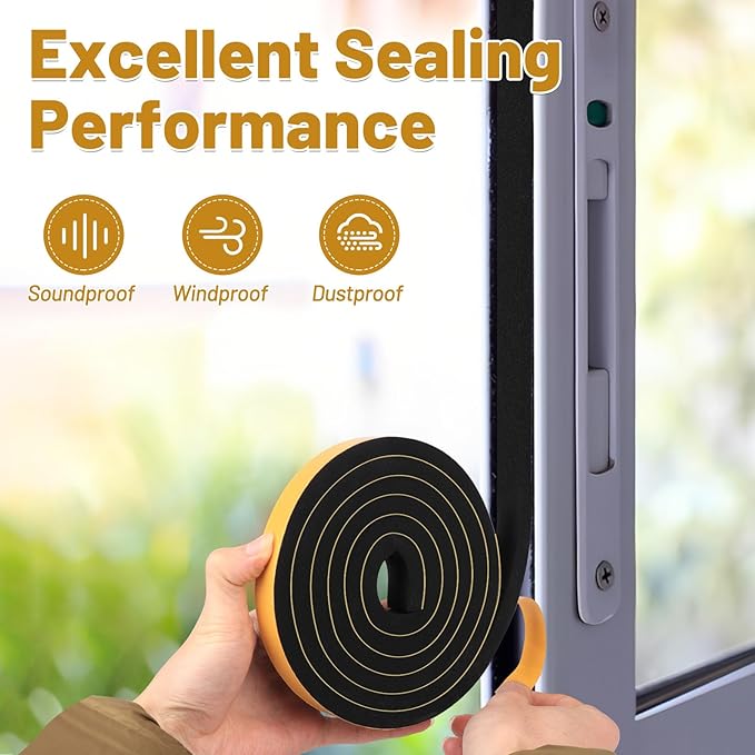 Weather Stripping Soundproof 1 in x 1/2 in, Weatherproof Foam Insulation Tapes, High Density Weatherstrip Seal Strips for Sliding Door Window, 2 Rolls Total 20Ft