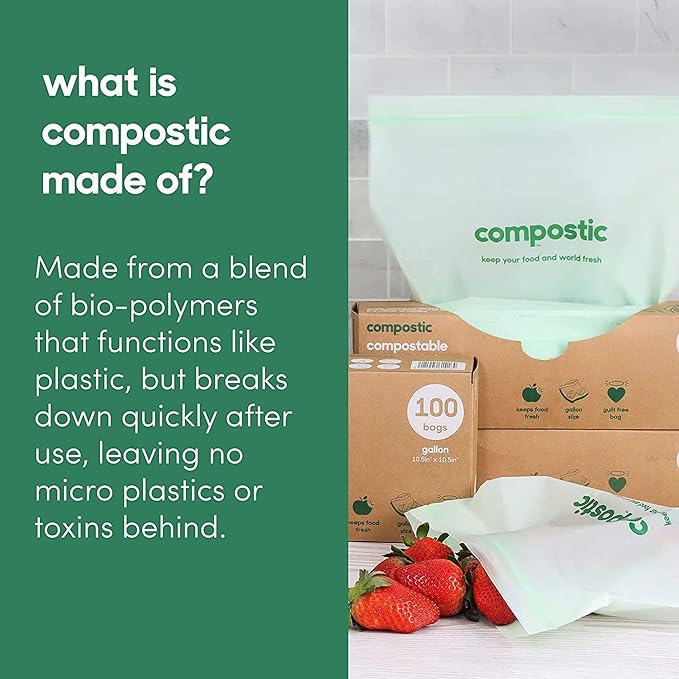 Compostic Home Compostable Resealable Snack Bags (6"x 3.5"), Microwave & Freezer Safe, Organic Food Storage Container, 30 Count (Pack of 2)
