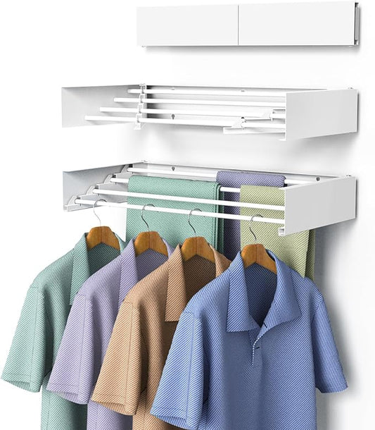 Laundry Drying Rack, Collapsible Wall Mounted Clothes Drying Rack - Foldable,Space Saving, 13.2 Linear Ft, 5 Aluminum Rods, 60 lb Capacity (White, 23.6")