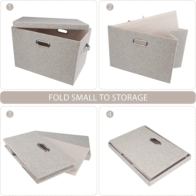 Large 17" 36 Quart Collapsible Stackable Storage Bins with Lids, 5 Packs Beige Linen Fabric Closet Boxes with Lids, Storage Cube Baskets Container Organizers for Bedroom Office(17 x12 x11)