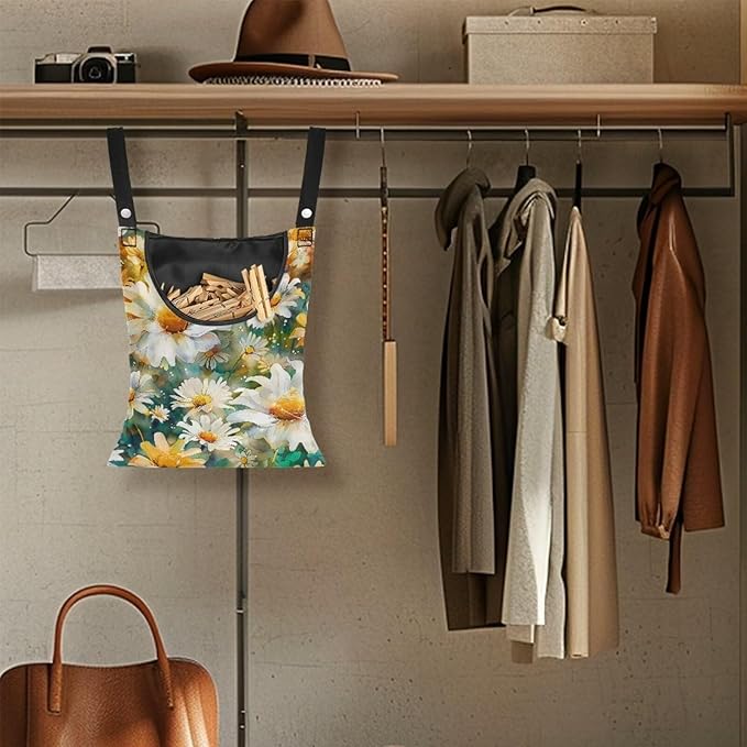 Daisy Clothespin Organizer Bag Shell Beach Clothespin Bags with Hanging Hook Waterproof Clothes Pin Storage Organizer with Large Opening Clothespin Bag for Clothesline Outdoor
