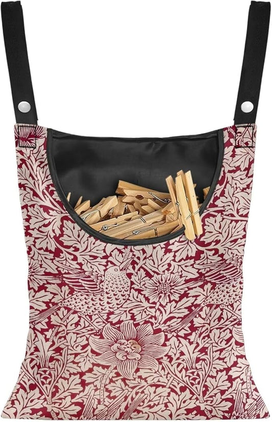 Strength Clothespin Bag 14.5x12 Inches - Vintage Bird Flower Red Print Commercial Quality Storage with Oversized Opening - Heavy Duty Polyester Construction with Reinforced Grommets