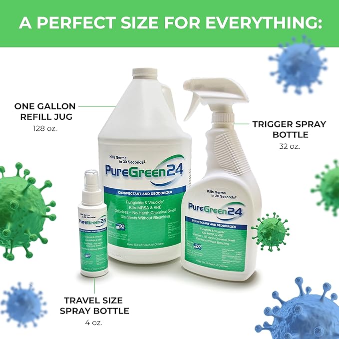 PureGreen24 Safe & Effective Disinfectant. Kills Deadly Germs including RSV COVID-19 Norovirus MRSA Staph 2025 flu Bird flu Contains no toxic chemicals odorless child & pet safe 2 32oz spray bottles