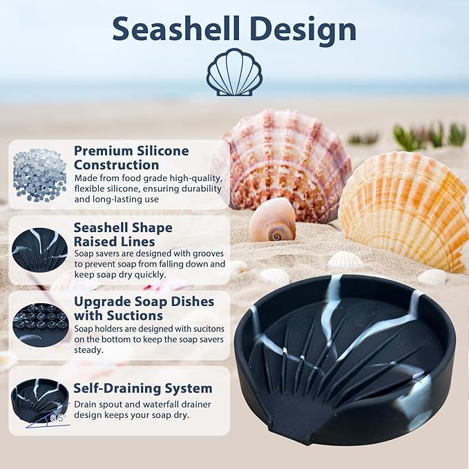 Self Draining Soap Dish, Silicone Suction Cup Soap Holder Tray Savers Container Sponge Holder for Bar Bathroom Shower Kitchen Sink, Can Extend Soap Life (2, Marble)