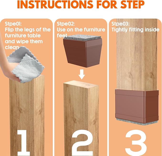 Rectangle Chair Leg Protectors for Hardwood Floors,16 PCS Silicone Covers to Protect Wood Tile Floors Felt Pads Furniture Leg Caps Reduce Noise. Easy to Move.(Brown,0.5 x 1.5 Inch,Rectangle)